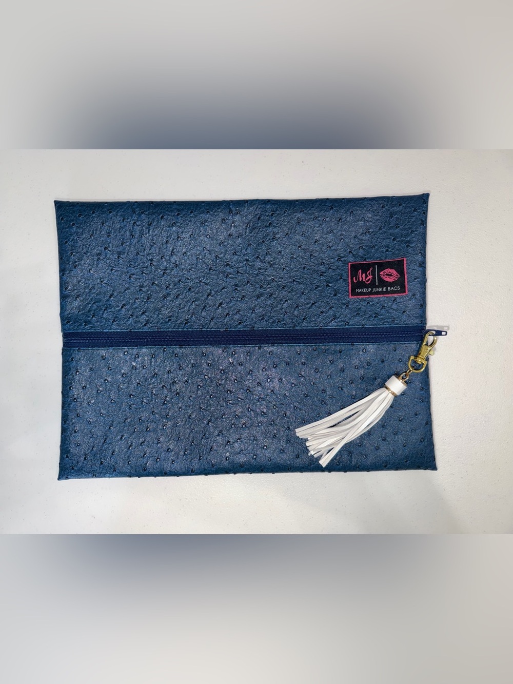 Makeup Junkie Large Navy Ostrich Faux Leather Flat Cosmetics Travel Bag